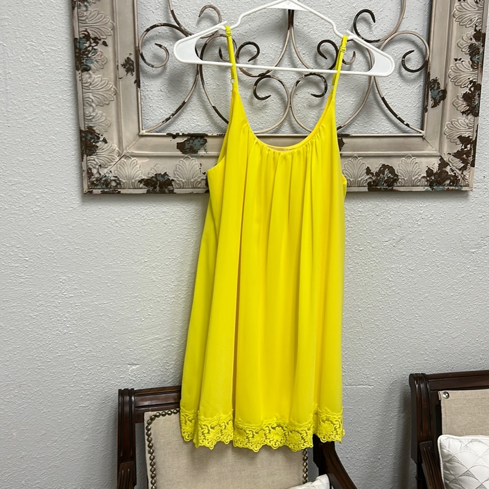 Yellow, lined, spaghetti strapped, mini dress
